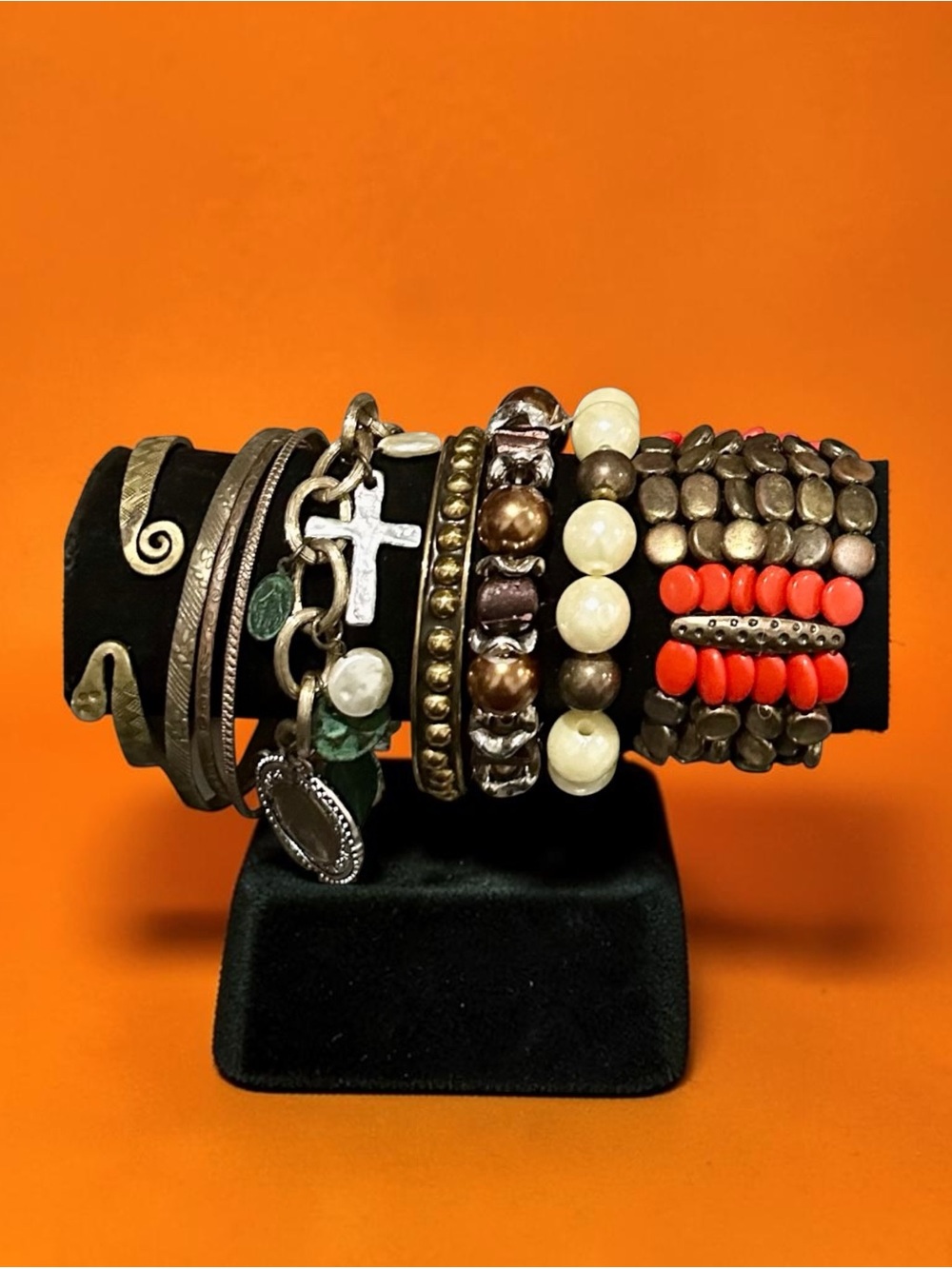 Boho Mixed Metal & Beaded Bracelet Stack Set Coral Ivory